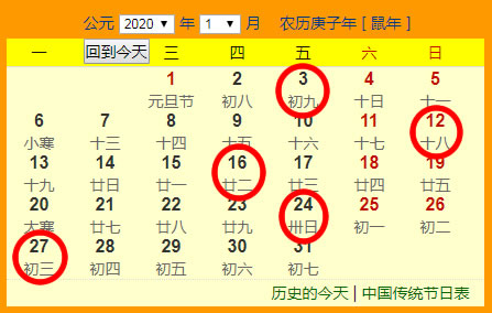 2020年1月份搬家吉日一覽表